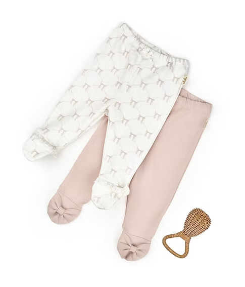 100% Organic Cotton 2 Piece Footed Pants -  Pink & White