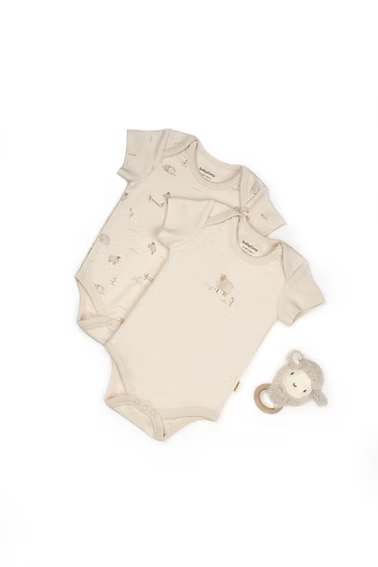 100% Organic Cotton 2 Piece Short-Sleeve Baby Boy Bodysuits – Beige & Farm Print