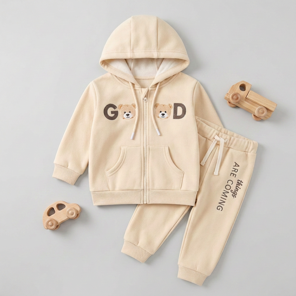 100% Organic Cotton - Hooded Sweatshirt and Pants Set - Beige