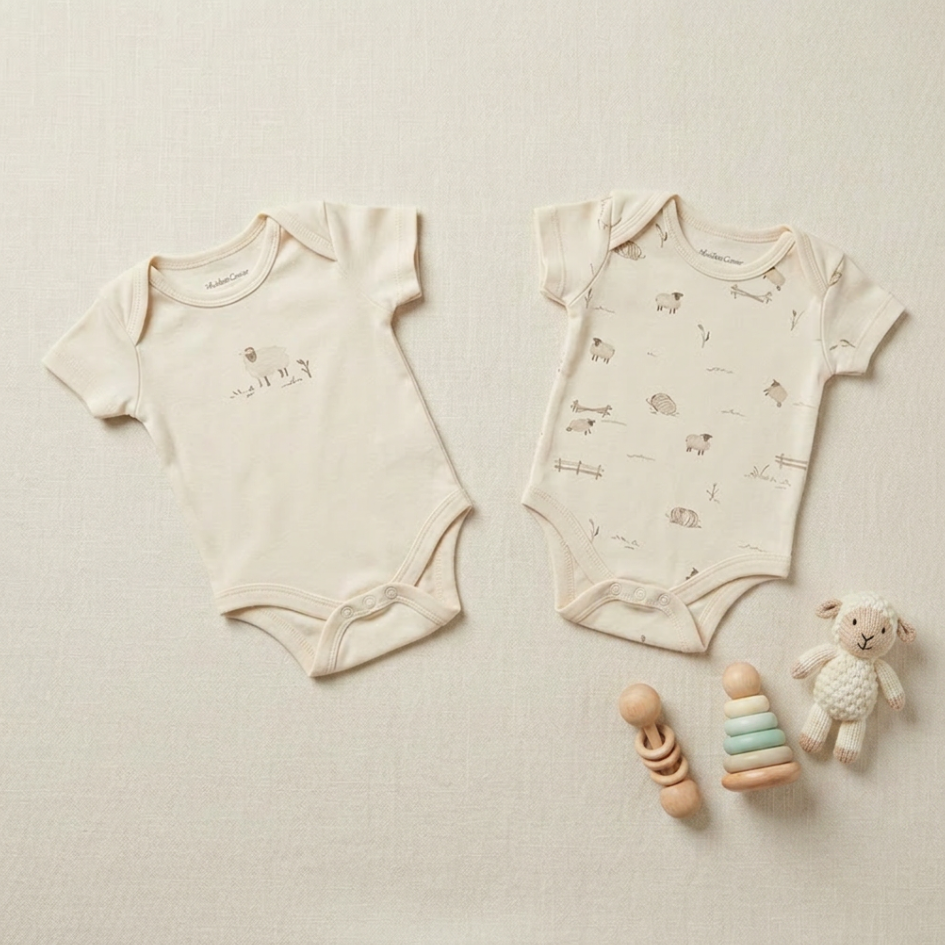 100% Organic Cotton 2 Piece Short-Sleeve Baby Boy Bodysuits – Beige & Farm Print