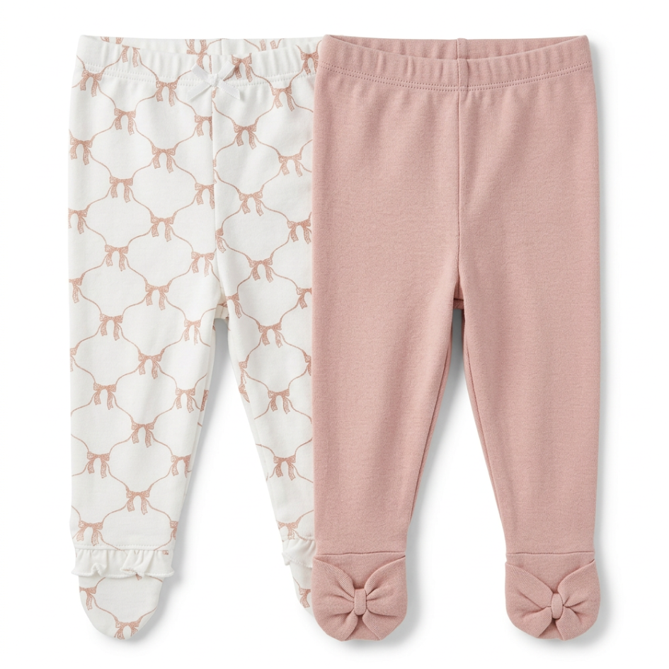 100% Organic Cotton 2 Piece Footed Pants -  Pink & White
