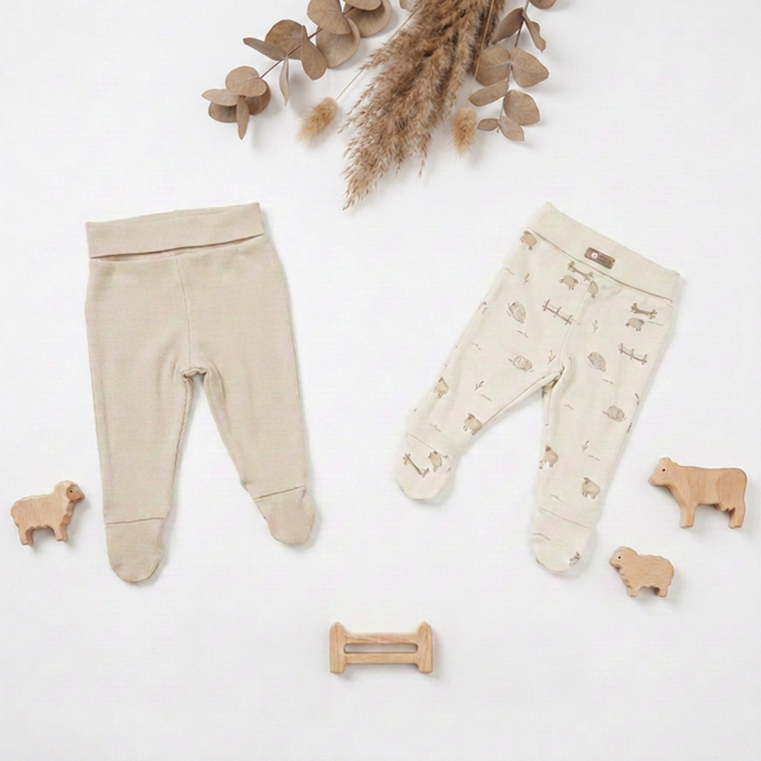 100% Organic Cotton 2 Piece Footed Pants - Cream & Beige