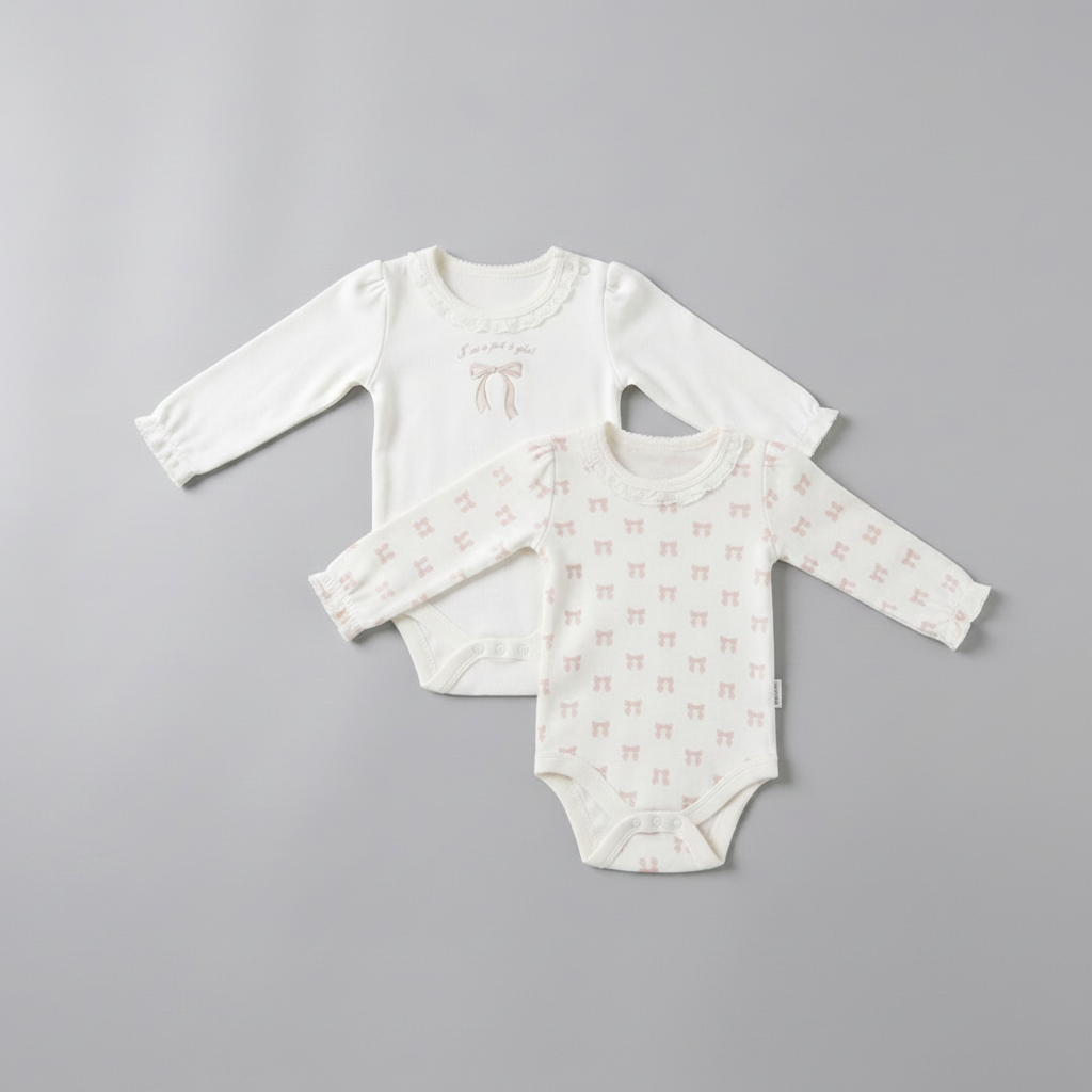 100% Organic Cotton - 2 Piece Girls Bodysuit Long Sleeve Set - Pink & White