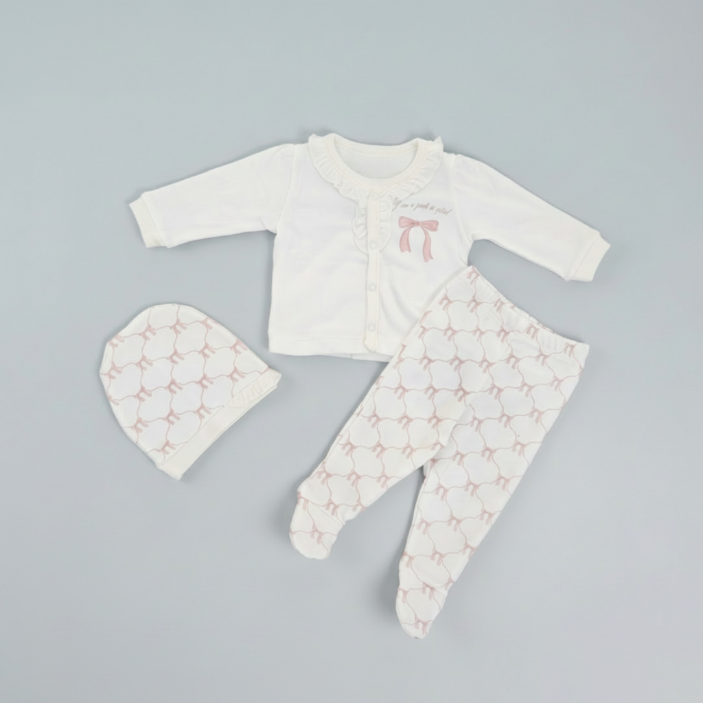 100% Organic Cotton Long Sleeve 3 Piece Set - Pink & White